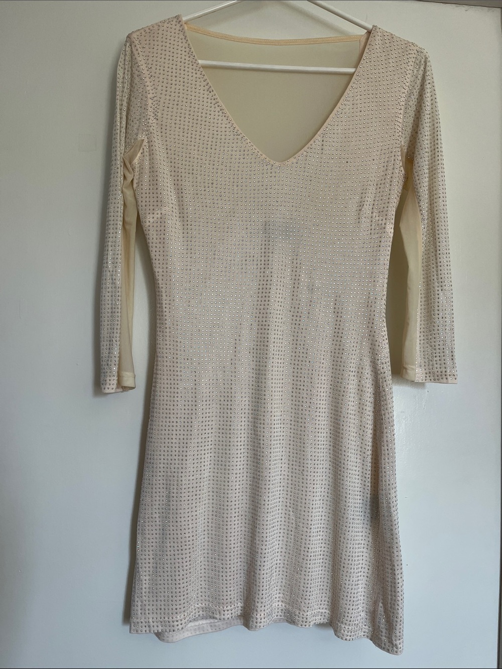 bebe Cream V-Neck Long Sleeve A-Line Dress
